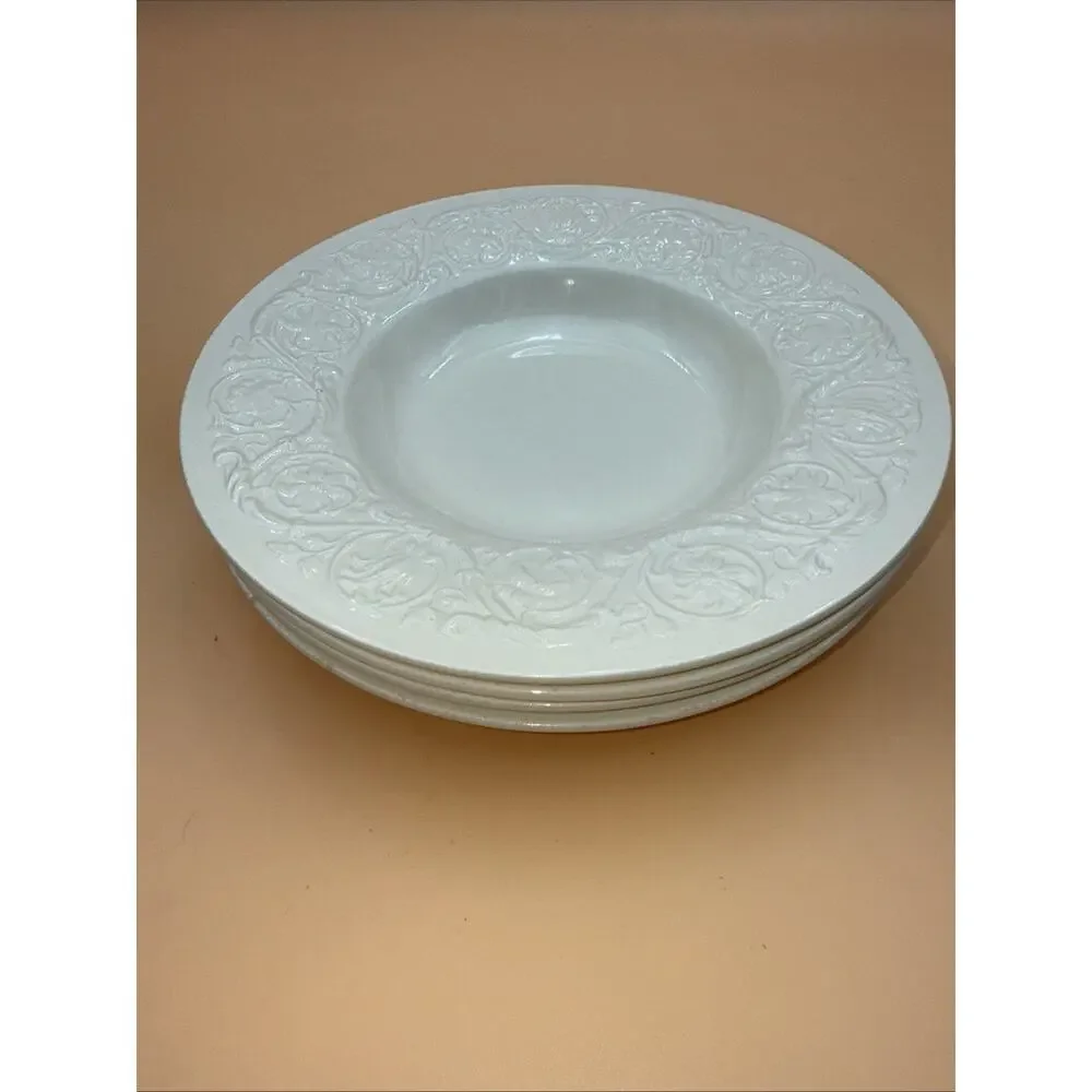 Wedgwood Patrician Rimmed Flat Soup Bowls Ivory Embossed Floral Pattern Set of 4